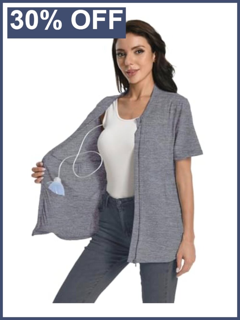 Post Mastectomy Zip Up Shirt Drain Pockets Surgery Recovery Cotton Blend